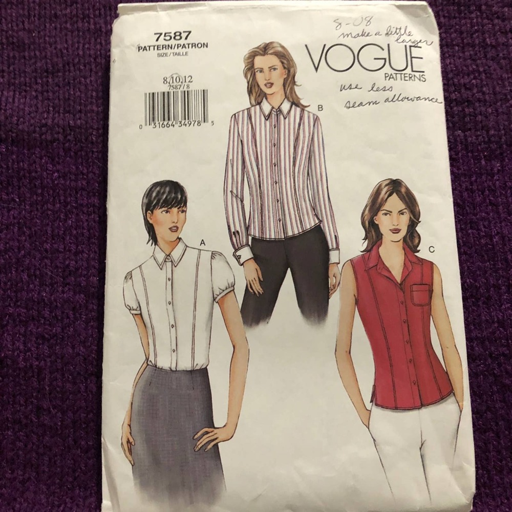 Vogue Pattern 7587 button down shirt long short sleeve Sz 8 10